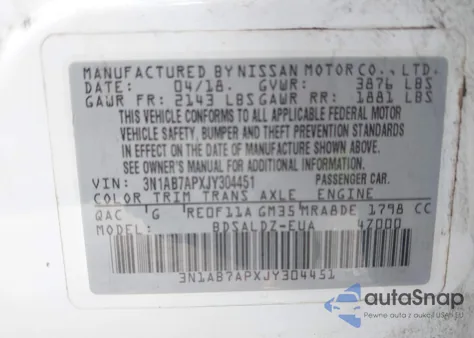 2018 Nissan Sentra Sv z USA, uszkodzony, nr VIN 3N1AB7APXJY304451